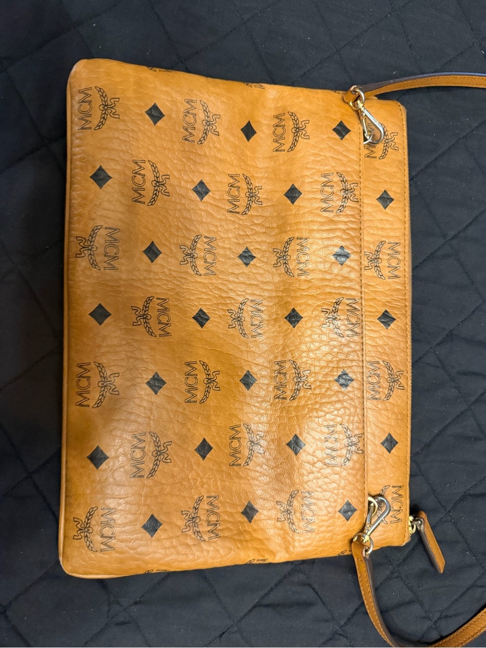 MCM Cognac Logo Wristlet Clutch with Black Motif